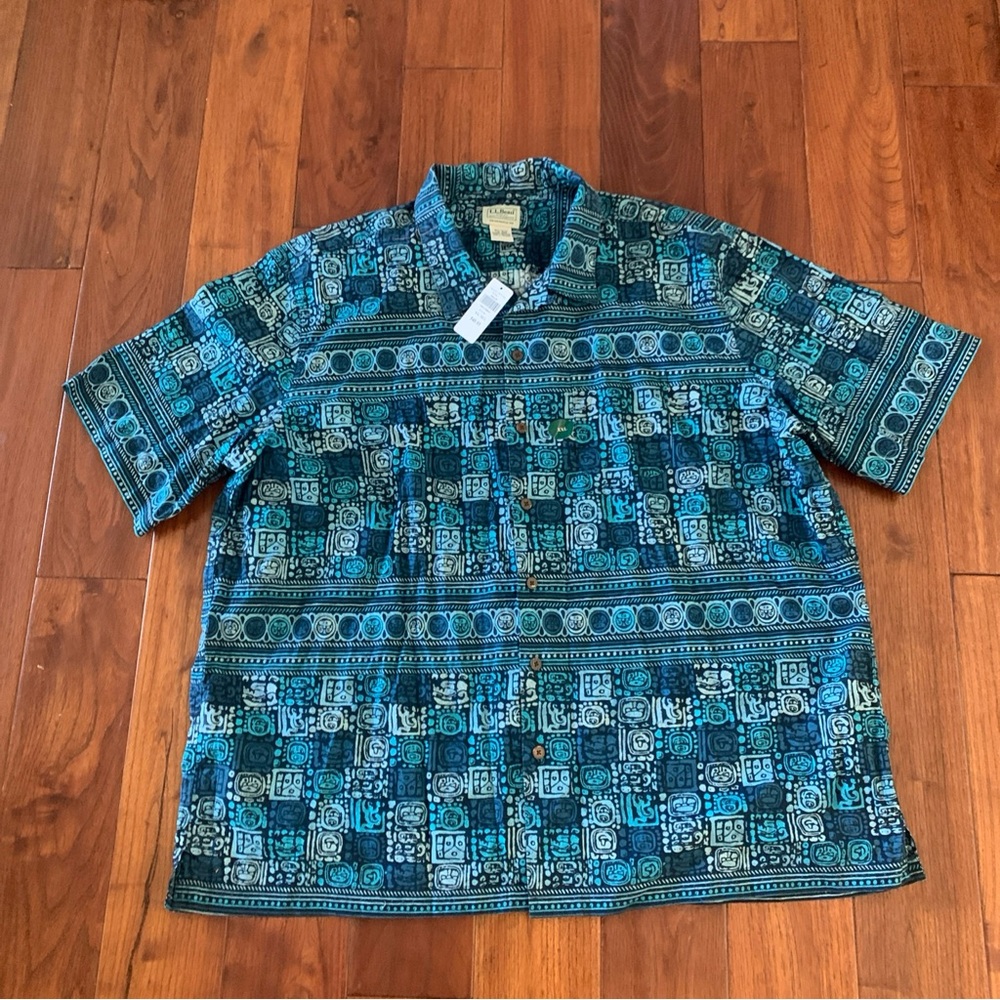 LL Bean Shirt Size XXL NWT Blue Tropics Short Sleeve Button Up Organic Cotton